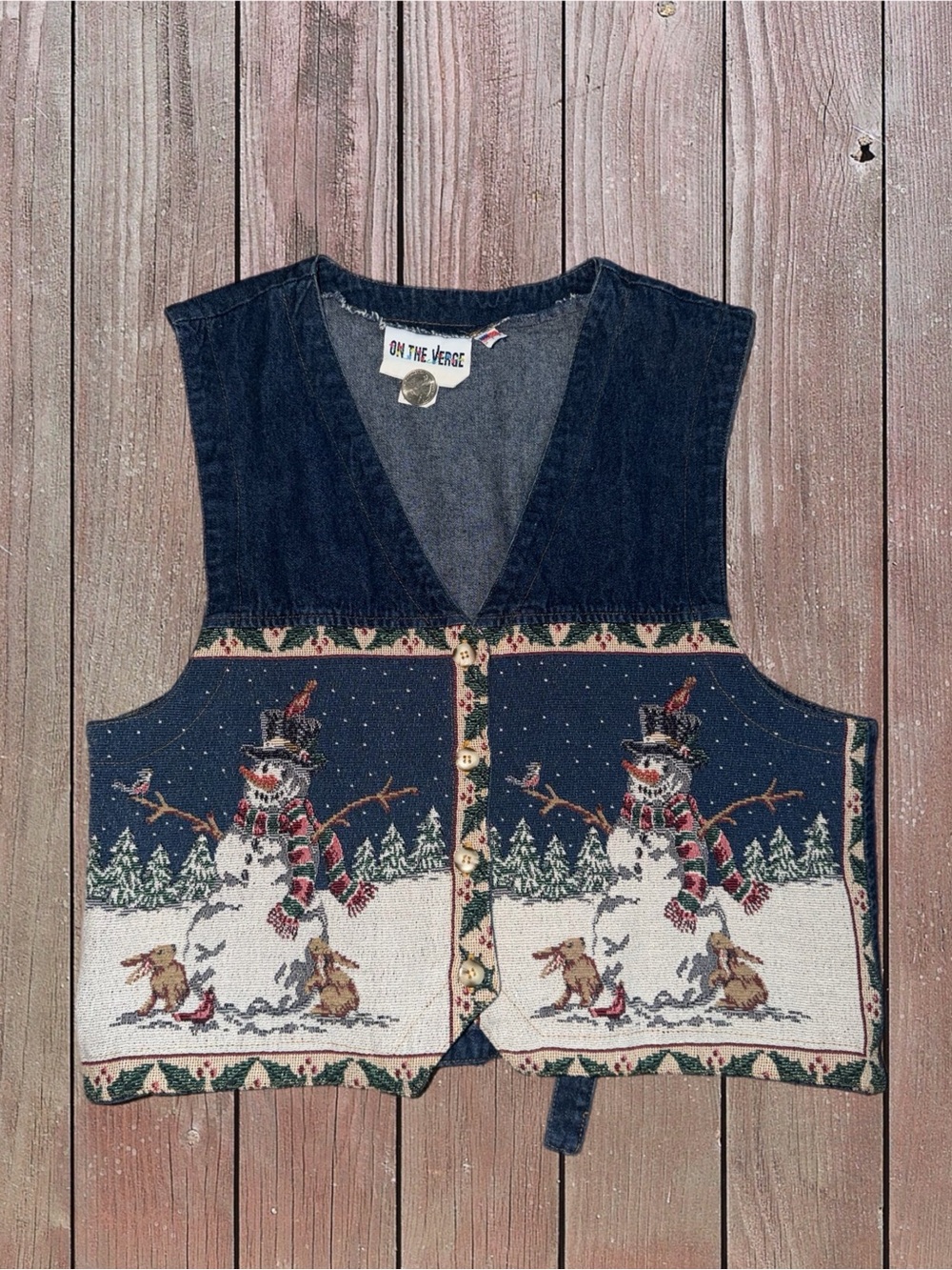 On The Verge vintage women’s blue denim Christmas vest